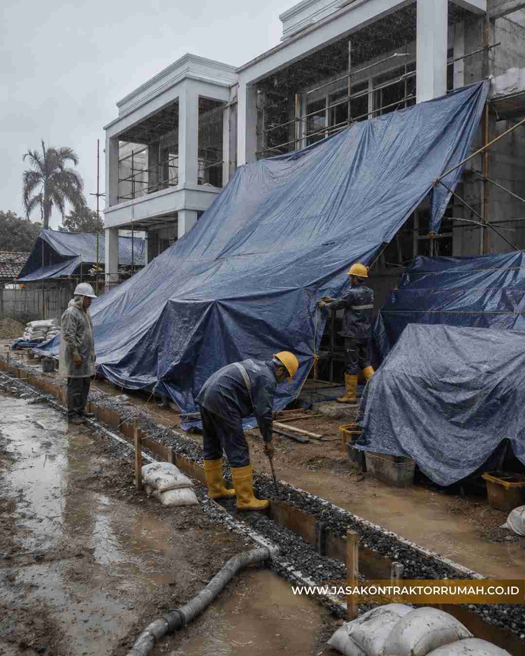 Penutup Terpal & Drainase Sementara Agar Area Kerja Tidak Tergenang