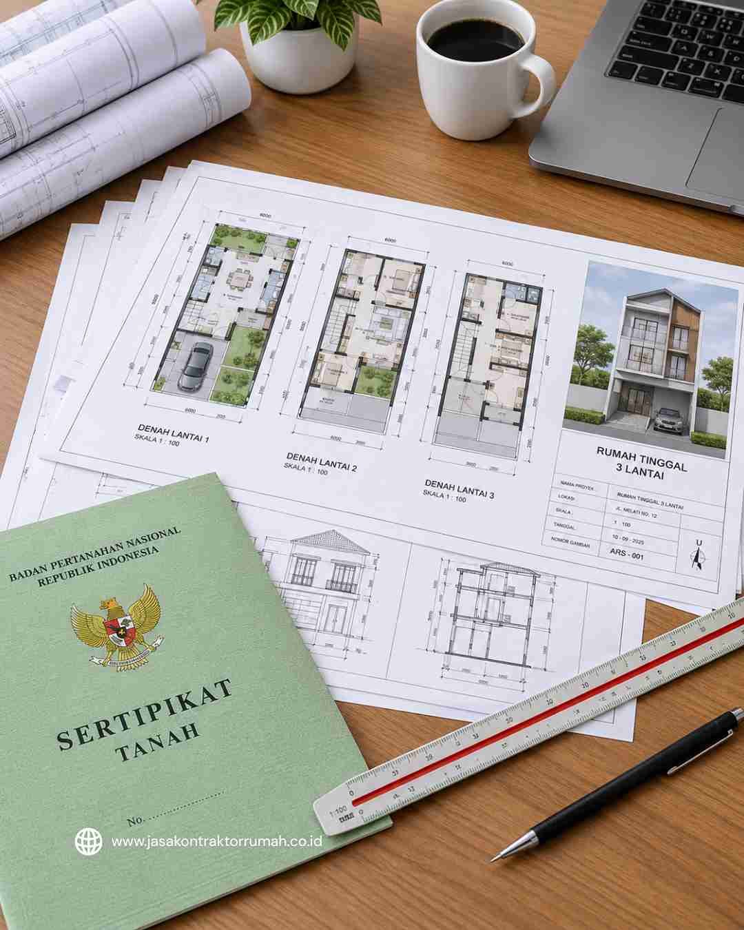 Gambar teknis arsitektur dan berkas sertifikat tanah untuk pengurusan PBG rumah