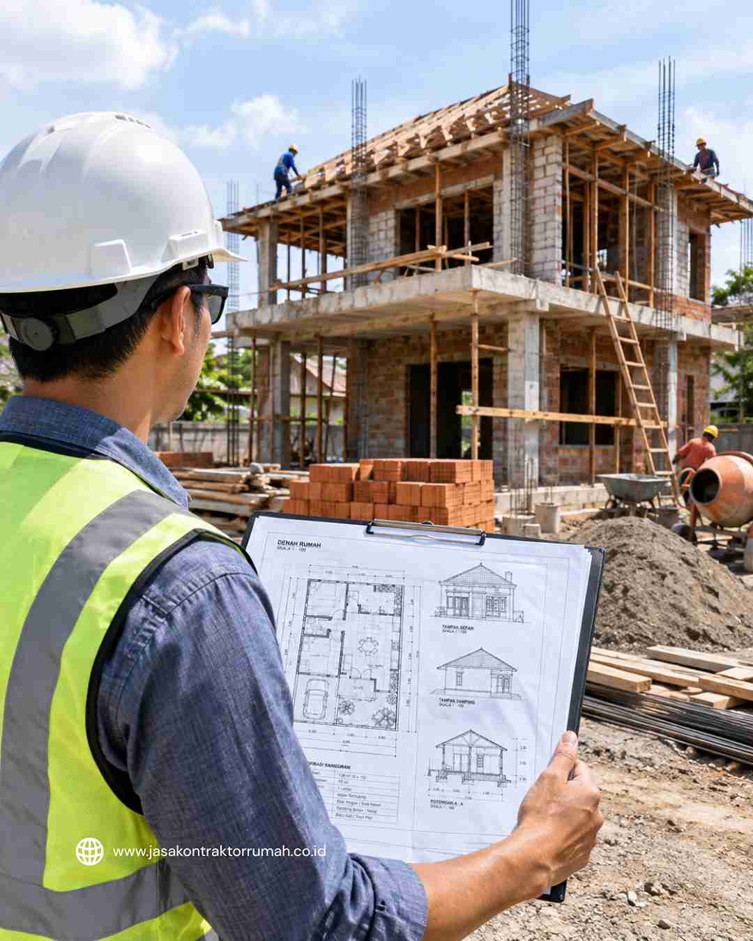 Pemasangan jalur pipa air kotor dan kelistrikan pada dinding bata rumah sebelum diplester.