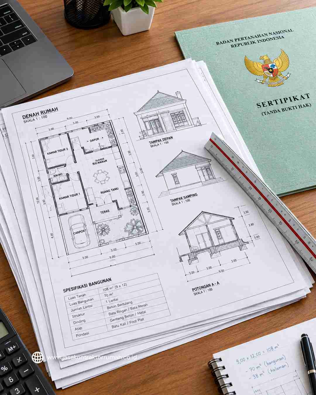 Tim arsitek dan pengawas memeriksa gambar kerja teknis pembangunan rumah di lokasi proyek.