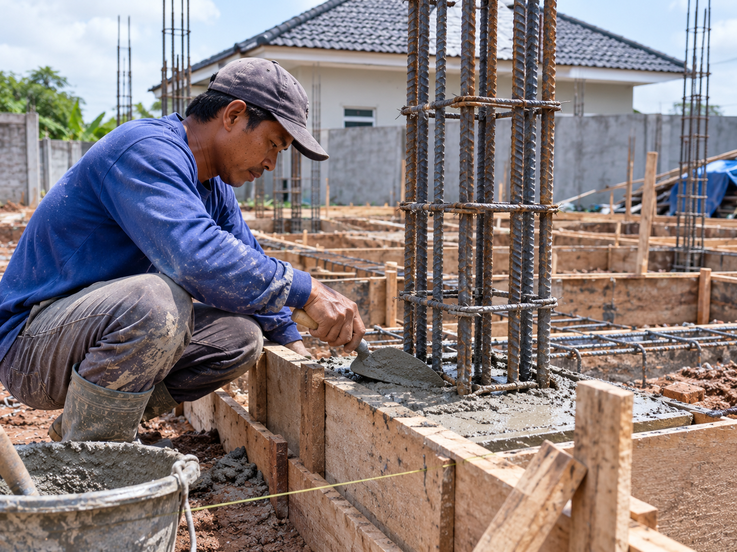 Proses pengecoran struktur sloof dan kolom beton bangunan