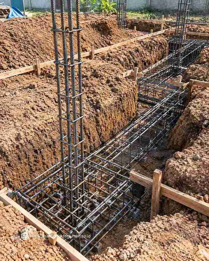 Proses perakitan besi tulangan pondasi cakar ayam untuk struktur rumah.