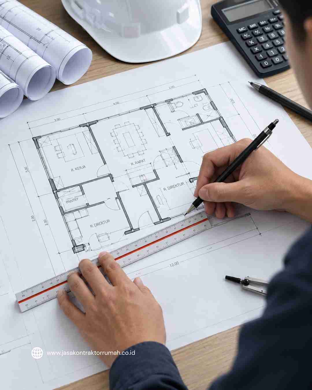 Tangan seorang profesional sedang mengukur dan menggambar denah tata letak ruangan menggunakan penggaris skala dan pensil teknis.