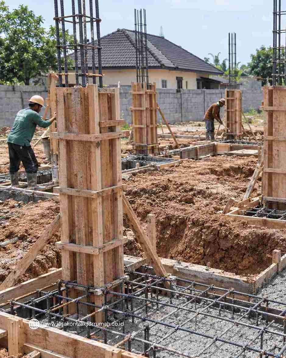 Pengecoran struktur kolom dan fondasi bangunan rumah tinggal