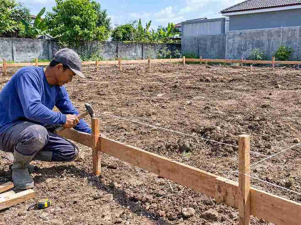 Pekerja melakukan pengukuran dan persiapan lahan untuk fondasi rumah